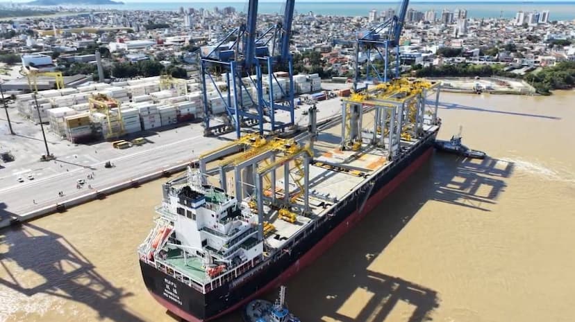 Imagem relacionada à notícia: Portonave recebe mais sete unidades e completa a chegada dos 14 novos guindastes elétricos de pátio